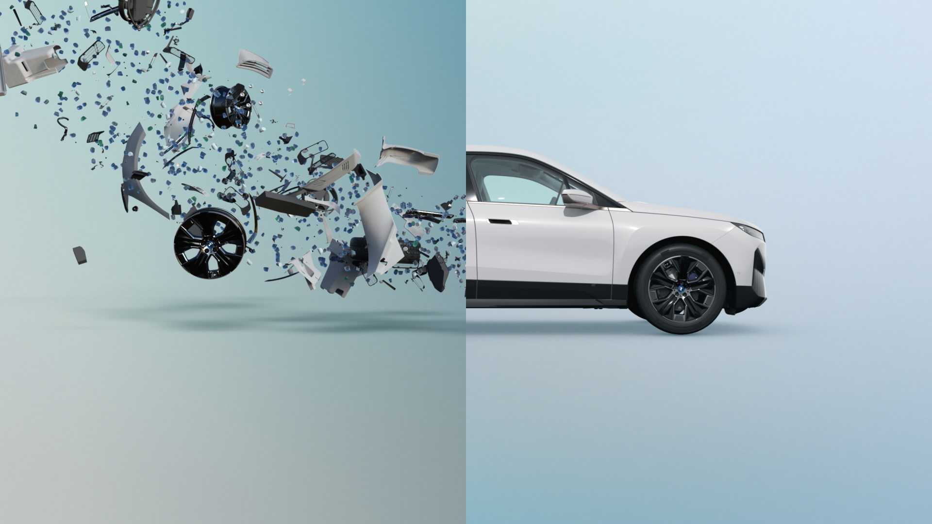White BMW electric car shown alongside separated vehicle components to illustrate automotive material recycling