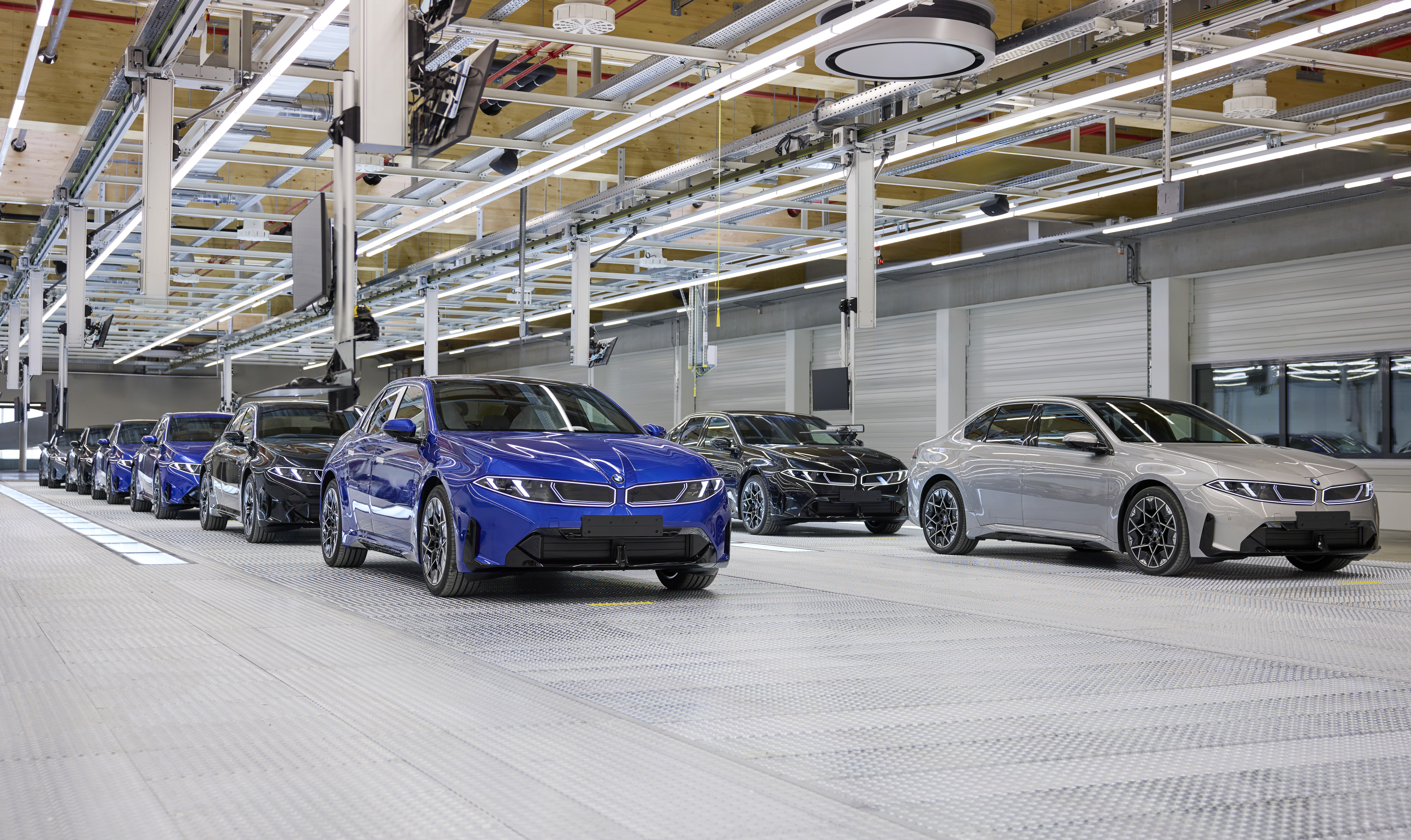 New BMW i3 electric cars lined up on the production line at BMW Group Plant Munich